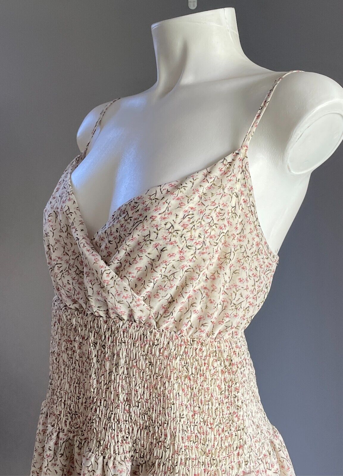 MY GIRL Mini Dress Cream Pink Green White Floral Size 8 Tier Hem Shirred Strappy