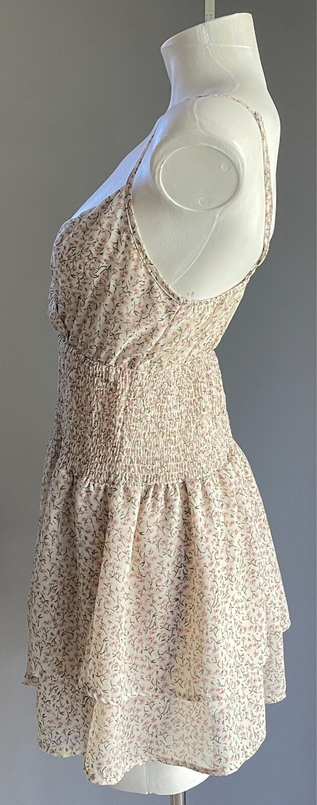 MY GIRL Mini Dress Cream Pink Green White Floral Size 8 Tier Hem Shirred Strappy