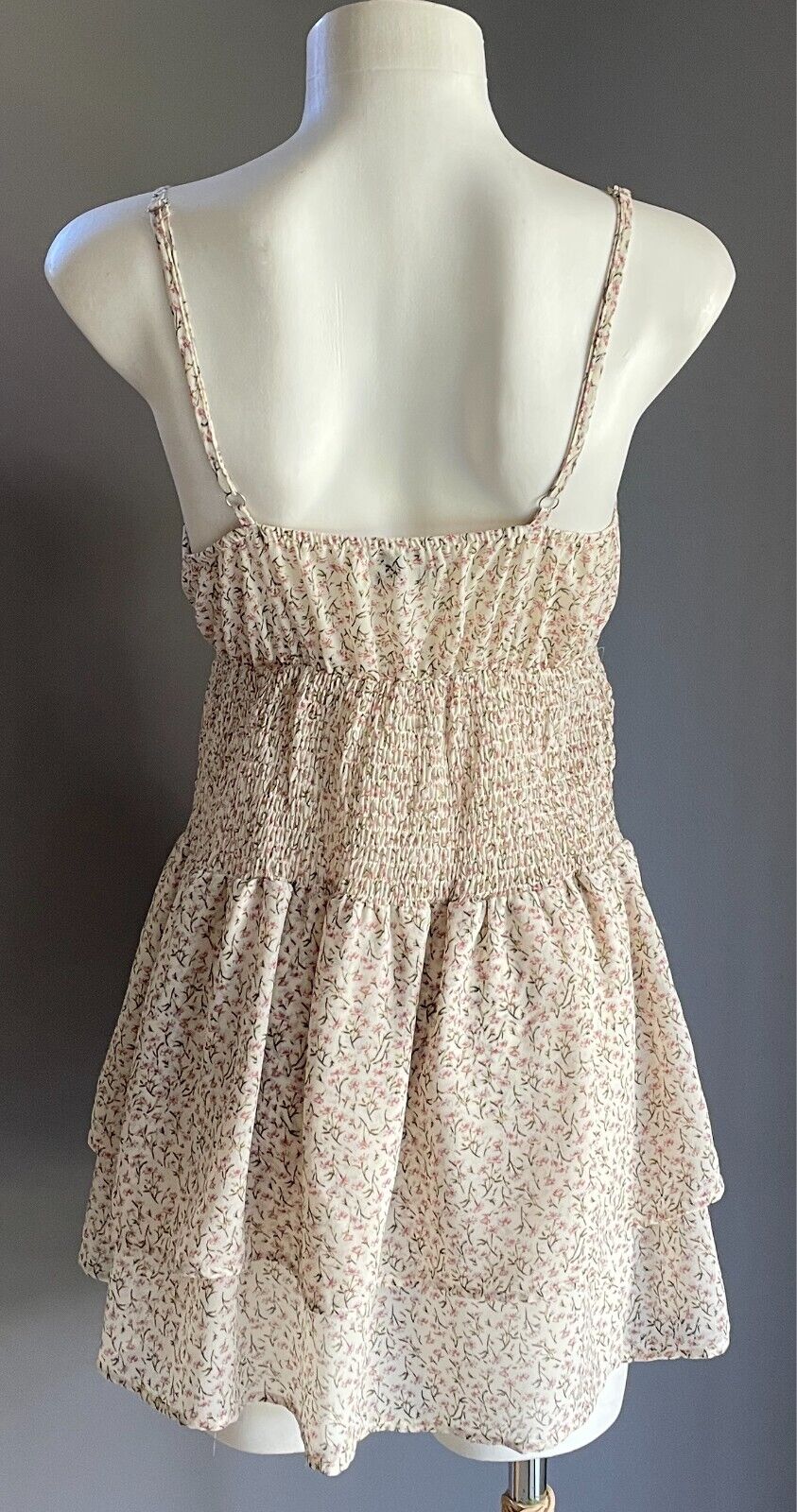 MY GIRL Mini Dress Cream Pink Green White Floral Size 8 Tier Hem Shirred Strappy