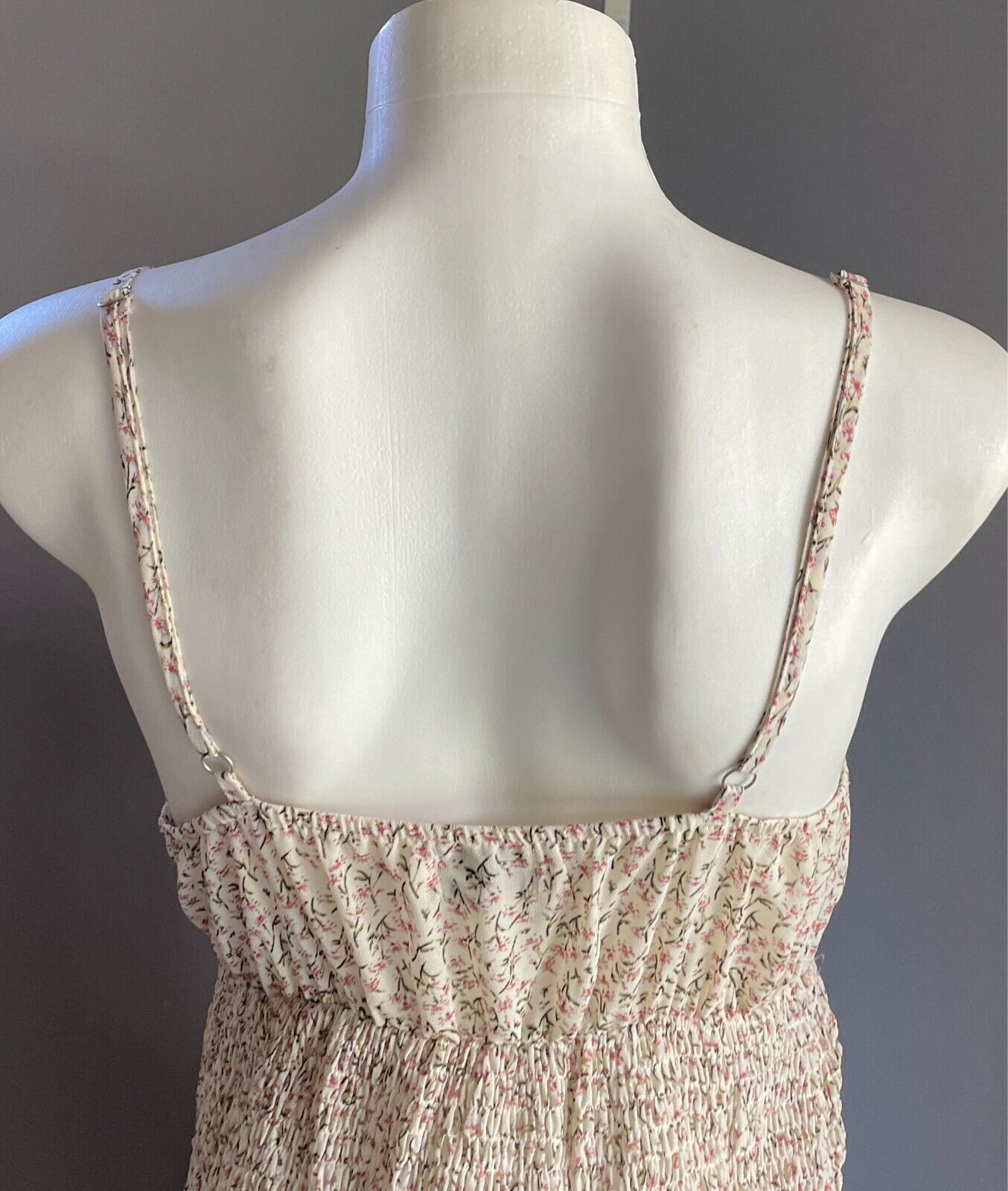 MY GIRL Mini Dress Cream Pink Green White Floral Size 8 Tier Hem Shirred Strappy