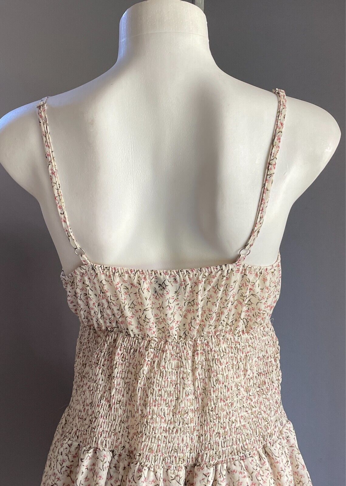 MY GIRL Mini Dress Cream Pink Green White Floral Size 8 Tier Hem Shirred Strappy