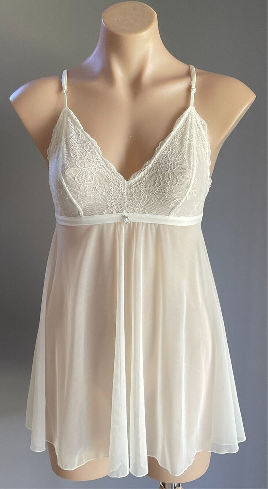 BRAS N THINGS Sexy Chemise Off White Mesh Lace Baby Doll Size 8 Strappy Back NEW