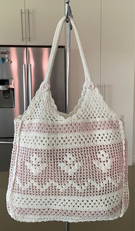 Vintage White & Pink Crochet Bag Shopper/Tote Short Double Handles 30 x 32cm
