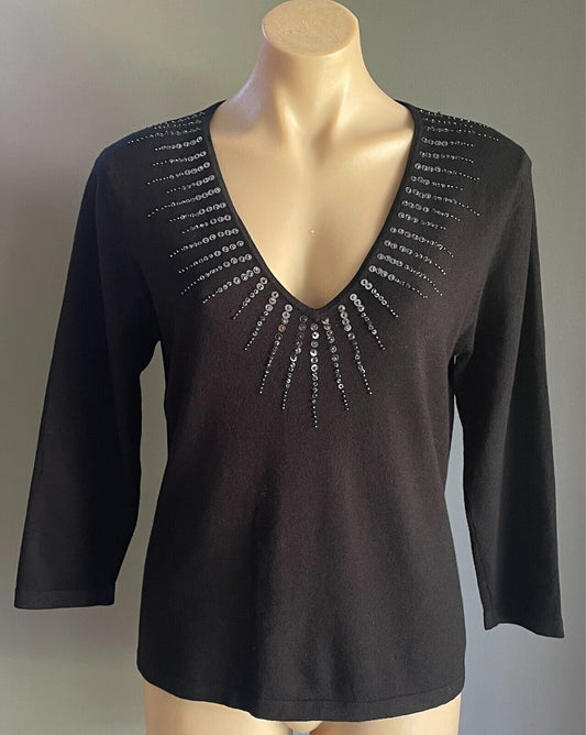 MARKS & SPENCER Black Fine Knit Jumper V Neck Size 16 Sequin Bead & Trim