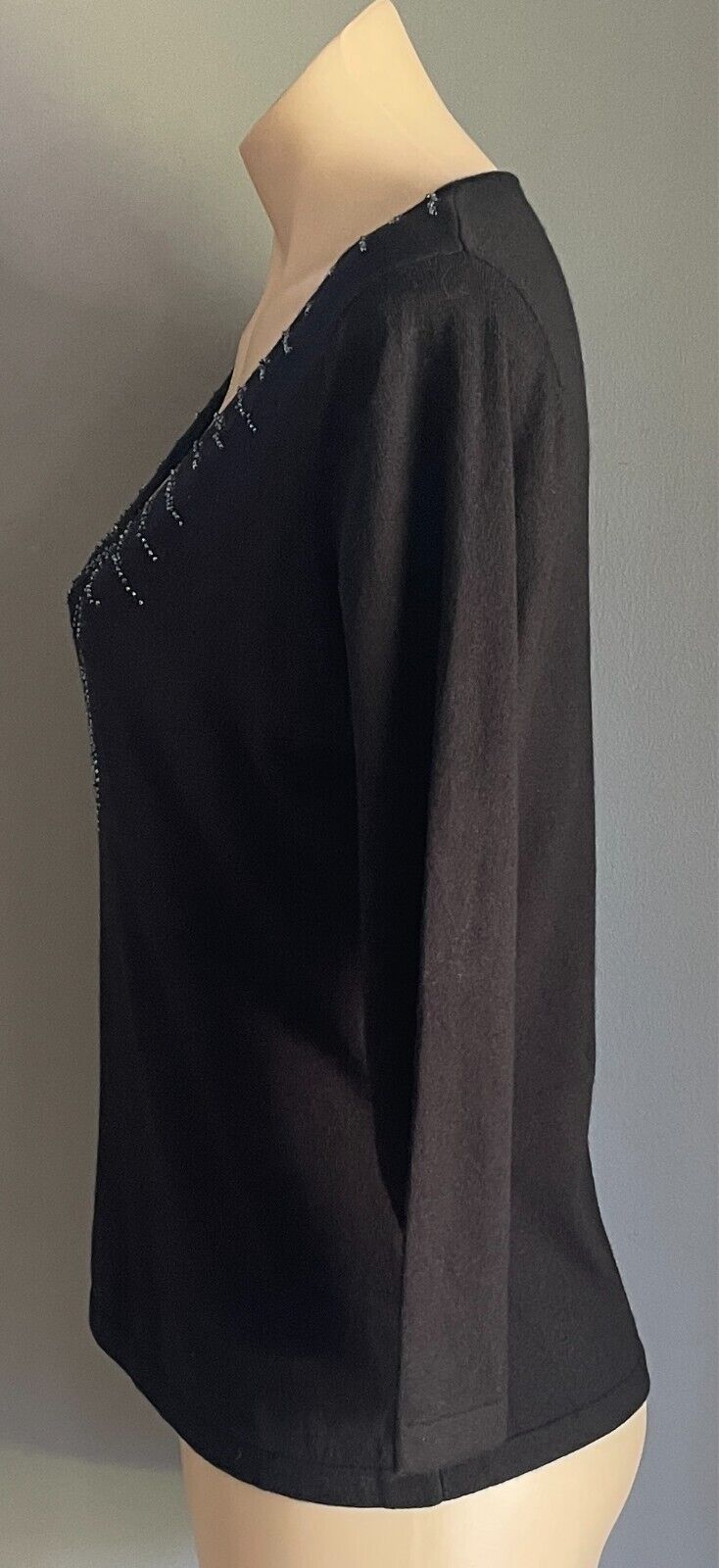MARKS & SPENCER Black Fine Knit Jumper V Neck Size 16 Sequin Bead & Trim