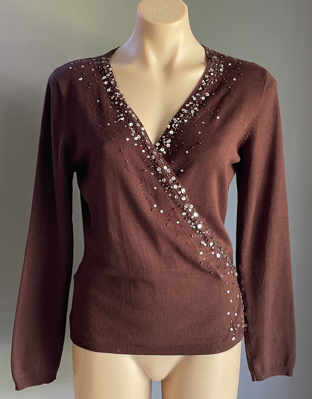 Wrap Tie Back Knit Brown Fine Stretch Knit Long Sleeve Size 10 Sequin Bead Trim
