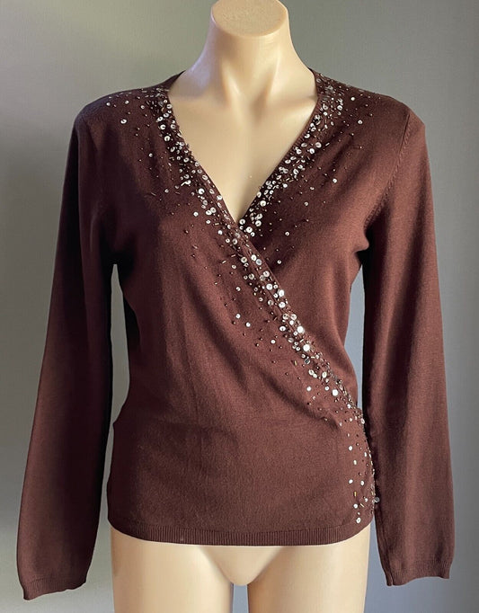 Wrap Tie Back Knit Brown Fine Stretch Knit Long Sleeve Size 10 Sequin Bead Trim