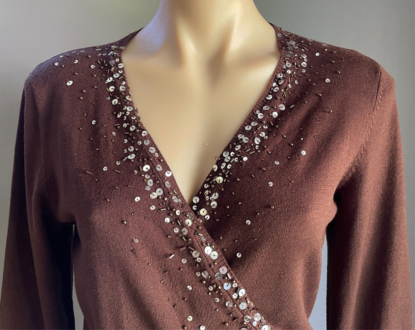 Wrap Tie Back Knit Brown Fine Stretch Knit Long Sleeve Size 10 Sequin Bead Trim