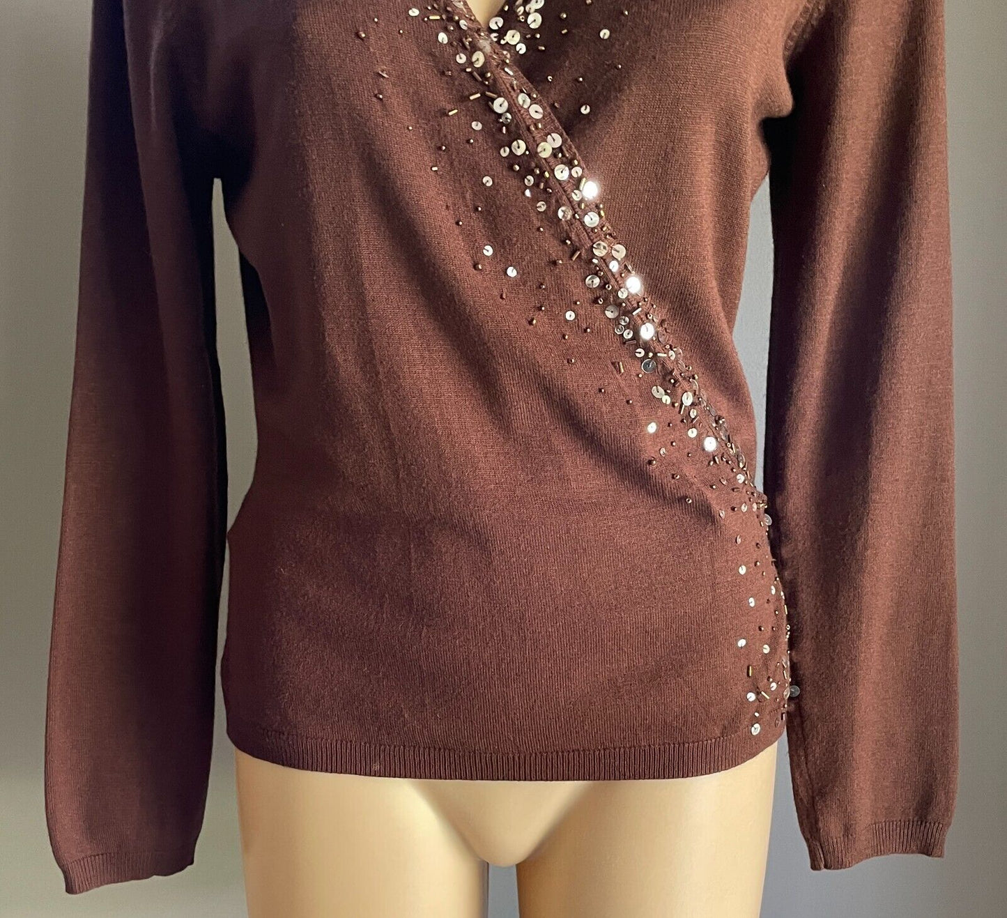 Wrap Tie Back Knit Brown Fine Stretch Knit Long Sleeve Size 10 Sequin Bead Trim