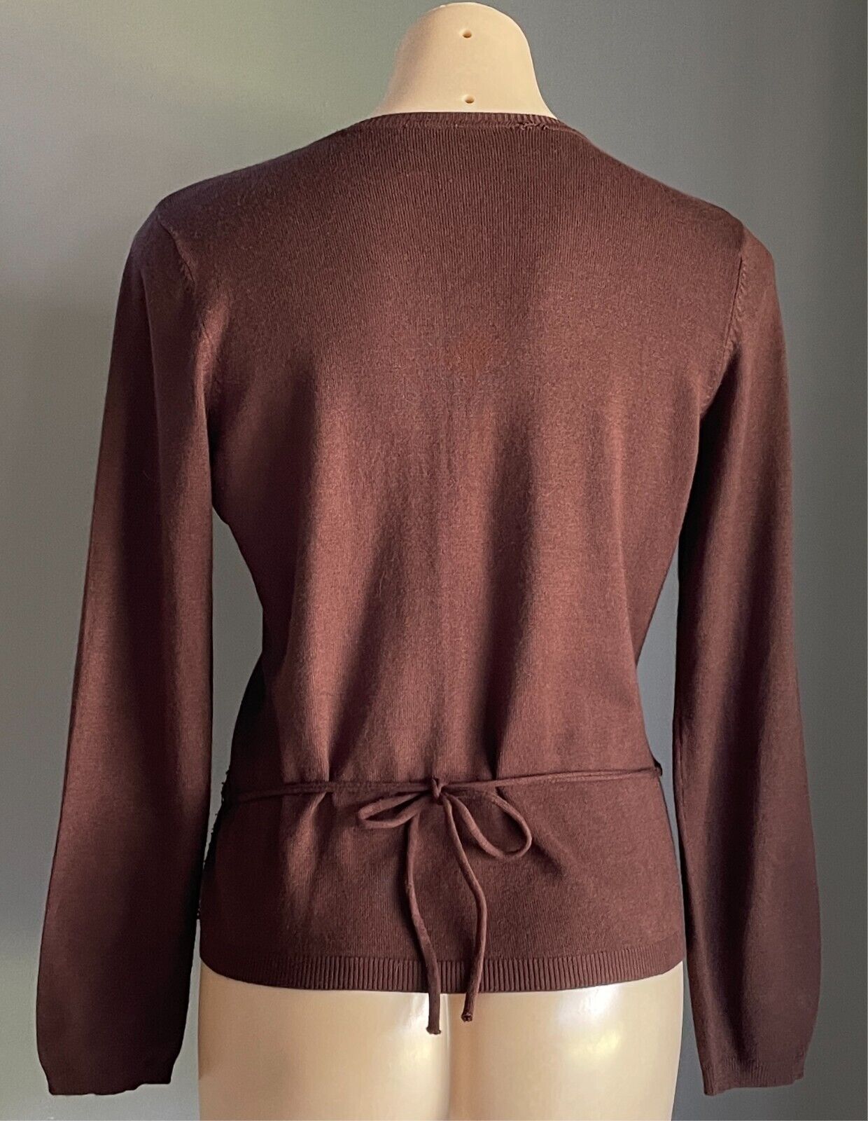 Wrap Tie Back Knit Brown Fine Stretch Knit Long Sleeve Size 10 Sequin Bead Trim