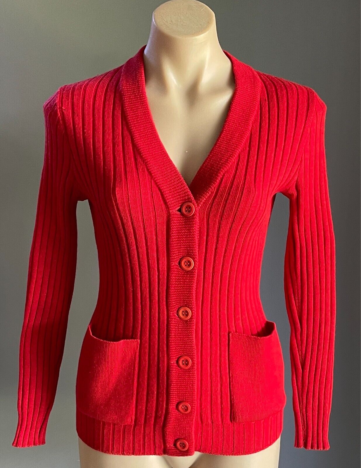 TARGET Cardigan Red Wool Ribbed Knit Size 14 Long Sleeves Stretch Aussie Vintage