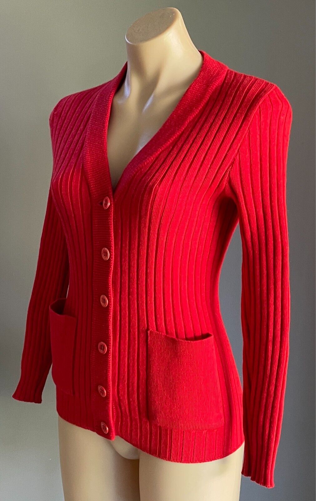 TARGET Cardigan Red Wool Ribbed Knit Size 14 Long Sleeves Stretch Aussie Vintage