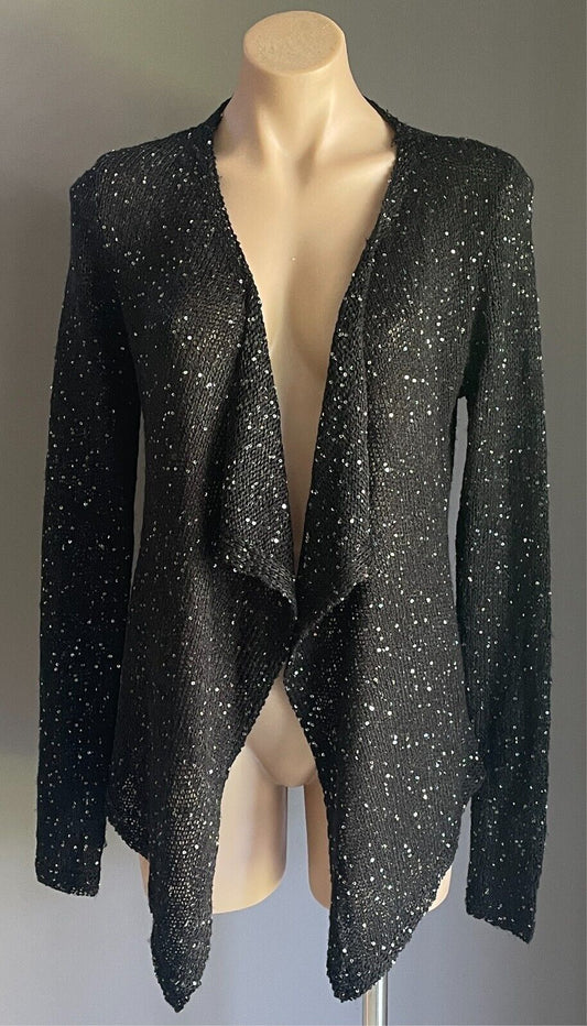 GRACE Fshions Black Chunky Knit Waterfall Cardigan All Over Sequin Trim Size 10