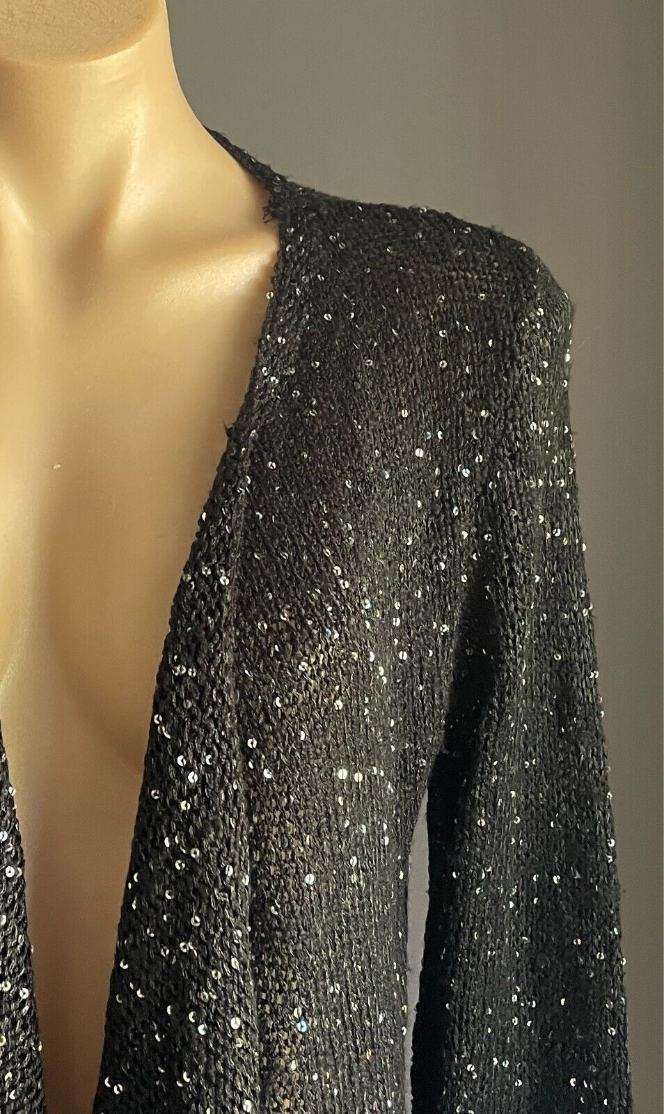 GRACE Fshions Black Chunky Knit Waterfall Cardigan All Over Sequin Trim Size 10