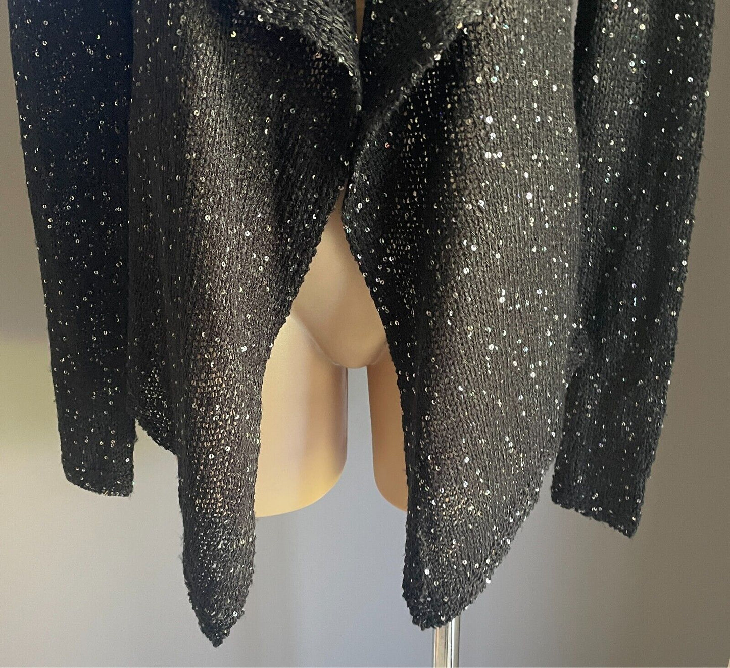 GRACE Fshions Black Chunky Knit Waterfall Cardigan All Over Sequin Trim Size 10