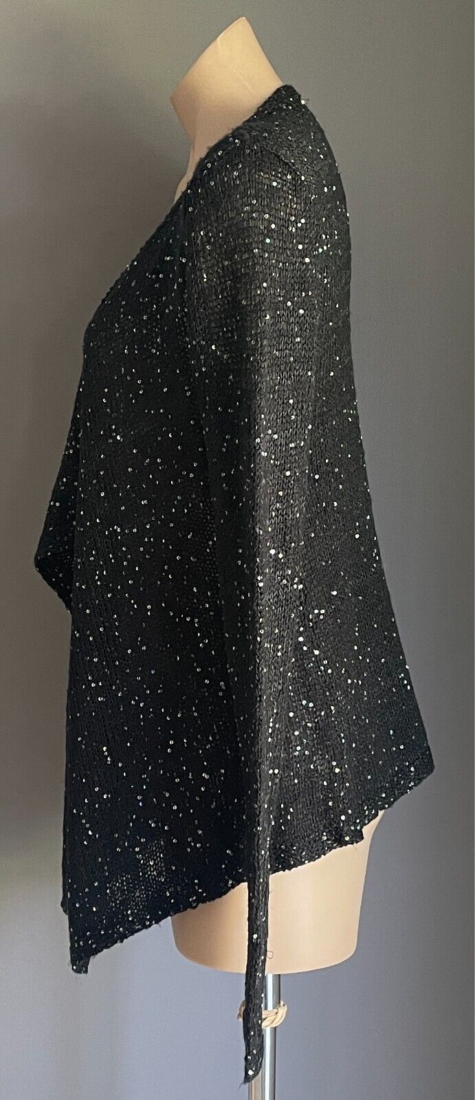 GRACE Fshions Black Chunky Knit Waterfall Cardigan All Over Sequin Trim Size 10