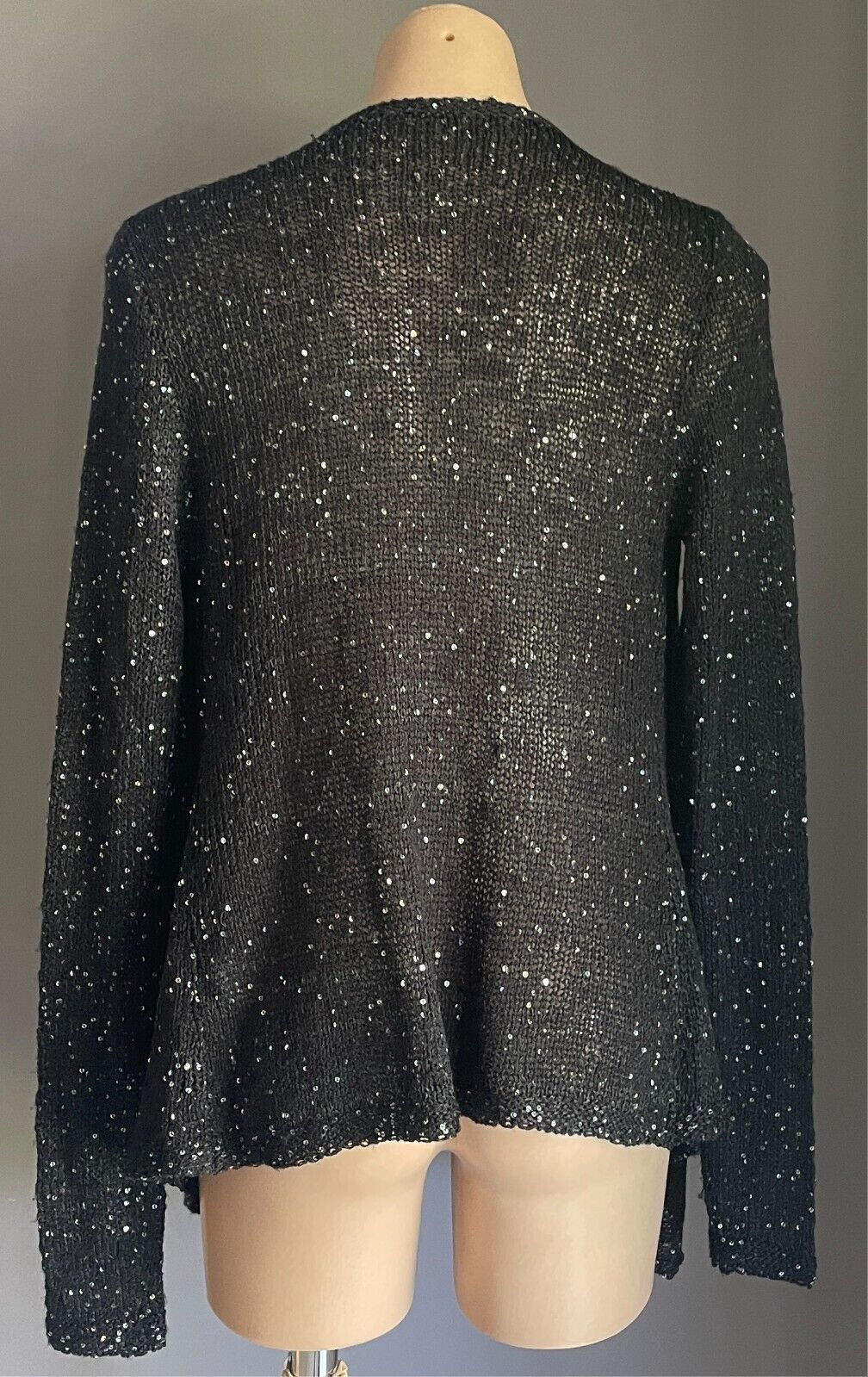 GRACE Fshions Black Chunky Knit Waterfall Cardigan All Over Sequin Trim Size 10