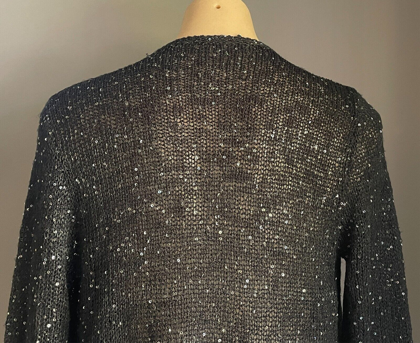 GRACE Fshions Black Chunky Knit Waterfall Cardigan All Over Sequin Trim Size 10