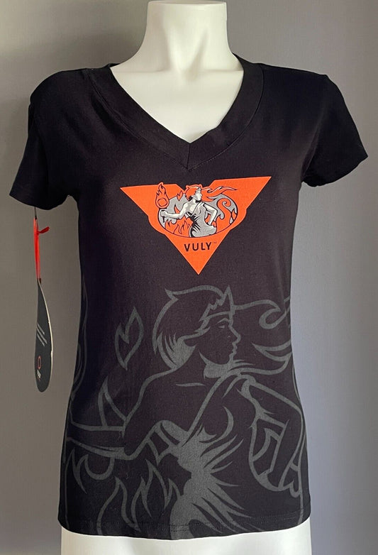 VULY OUTDOOR PLAT Black T-Shirt Grey & Orange Print Front & Back Size XL TOP NWT