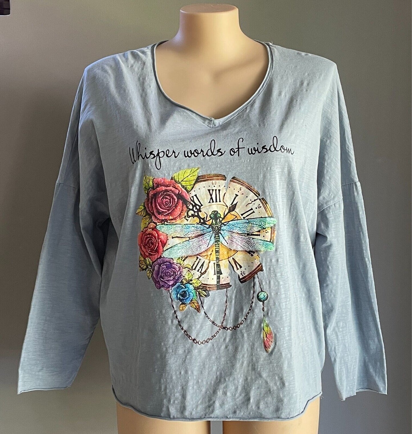 CHICYEA Blue Long Sleeve Top "Whisper Words Of Wisdom" Plus Sze 20/22 Bust 133cm