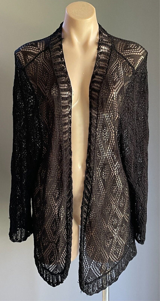 NOW Black & Silver Decorative Open Stitch Knit Cardigan 3/4 Sleeves Size 22