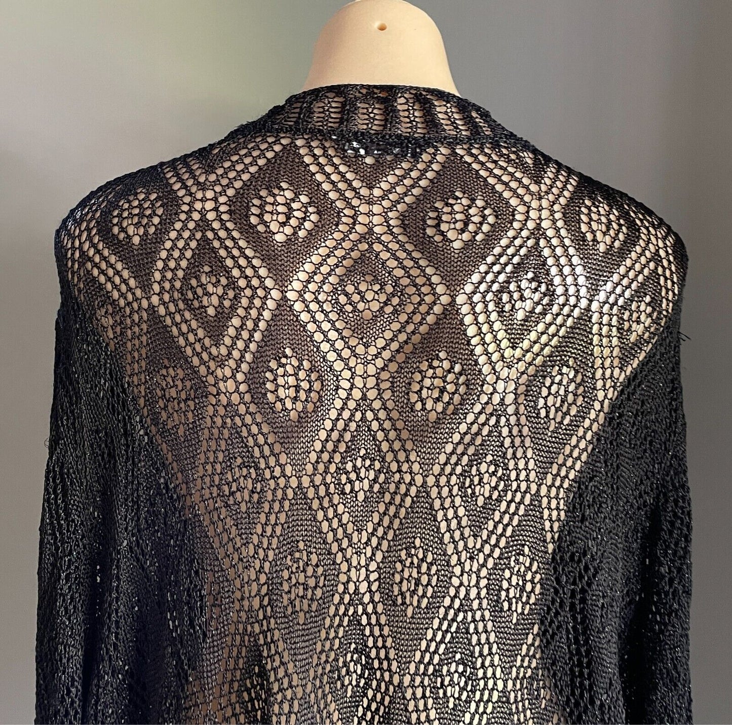 NOW Black & Silver Decorative Open Stitch Knit Cardigan 3/4 Sleeves Size 22