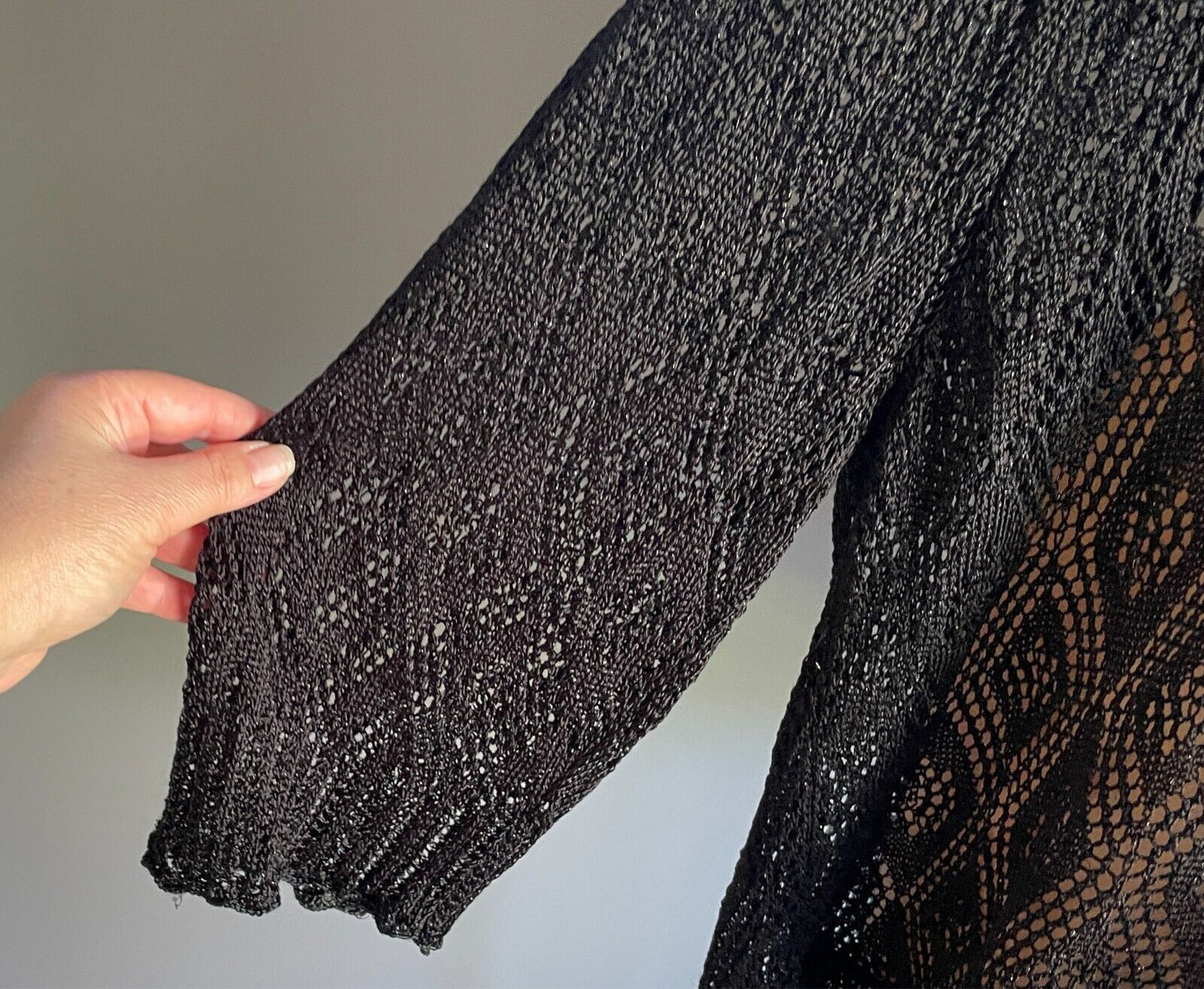 NOW Black & Silver Decorative Open Stitch Knit Cardigan 3/4 Sleeves Size 22