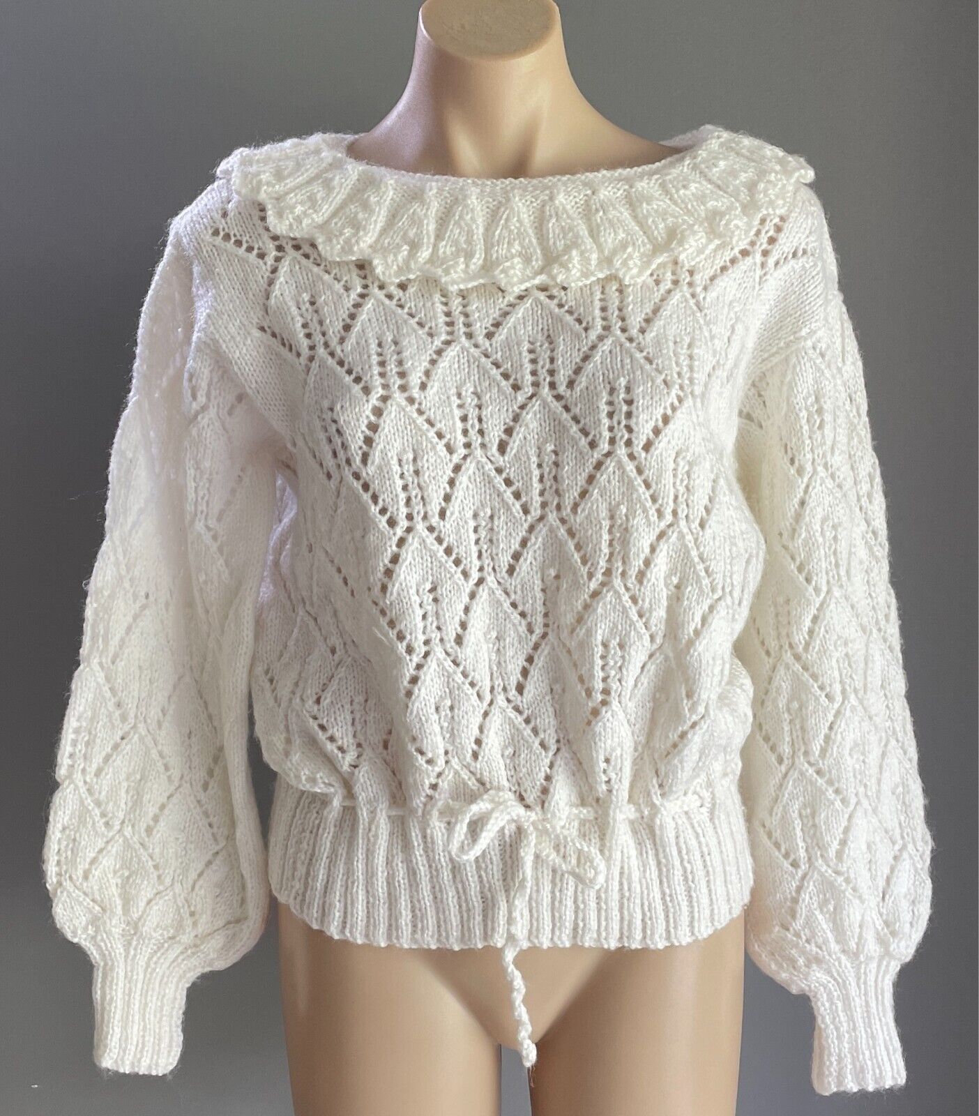 Chunky Knit Jumper Off White Handmade Decorative Stitch Long Sleeves Size 12  14