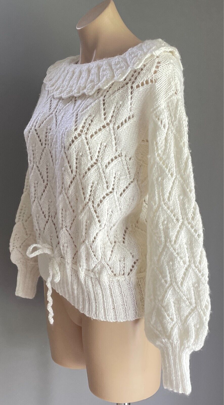 Chunky Knit Jumper Off White Handmade Decorative Stitch Long Sleeves Size 12  14