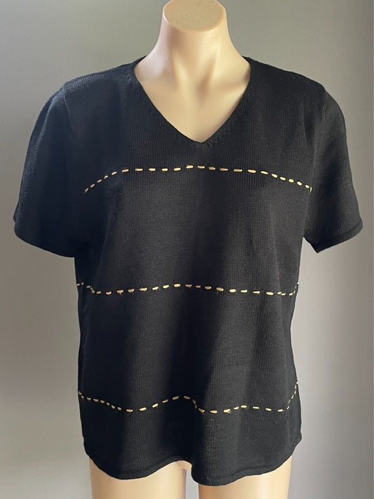Black Knit Tan Stitch Trim Short Sleeve Jumper Top Size 16 V-Neck Oversized