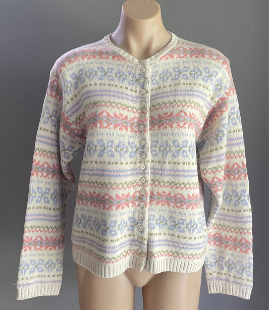 Vintage ORIGINAL OKE CORPORATION Cotton Cardigan Off White & Pastel Motif Size M