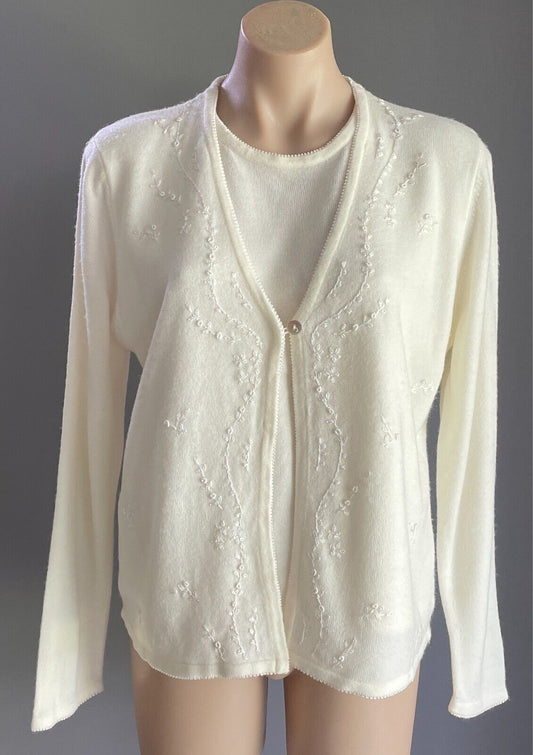 LEISURE by ROCKMANS Cream Knit Cardigan Long Sleeves Floral Trim Size M Vintage