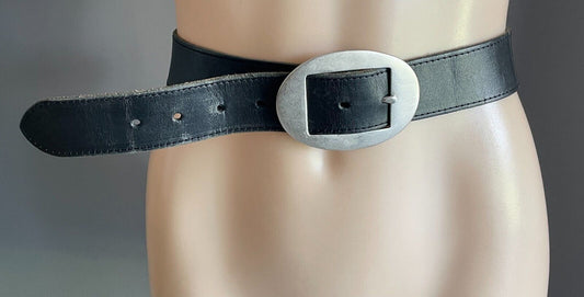 Black LEATHER Belt Large Oval Silver Tone Buckle To Fit Ladies Waist 79 - 92cm