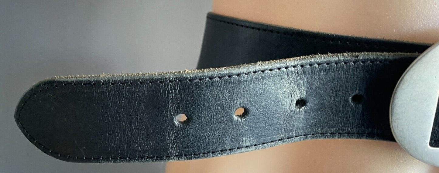 Black LEATHER Belt Large Oval Silver Tone Buckle To Fit Ladies Waist 79 - 92cm