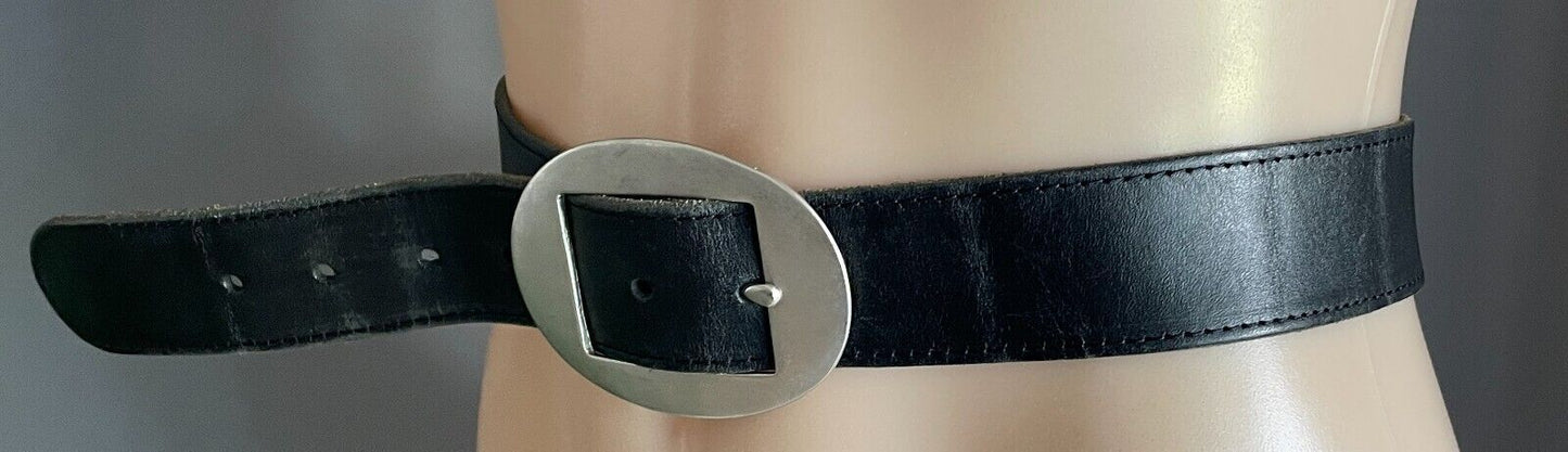 Black LEATHER Belt Large Oval Silver Tone Buckle To Fit Ladies Waist 79 - 92cm