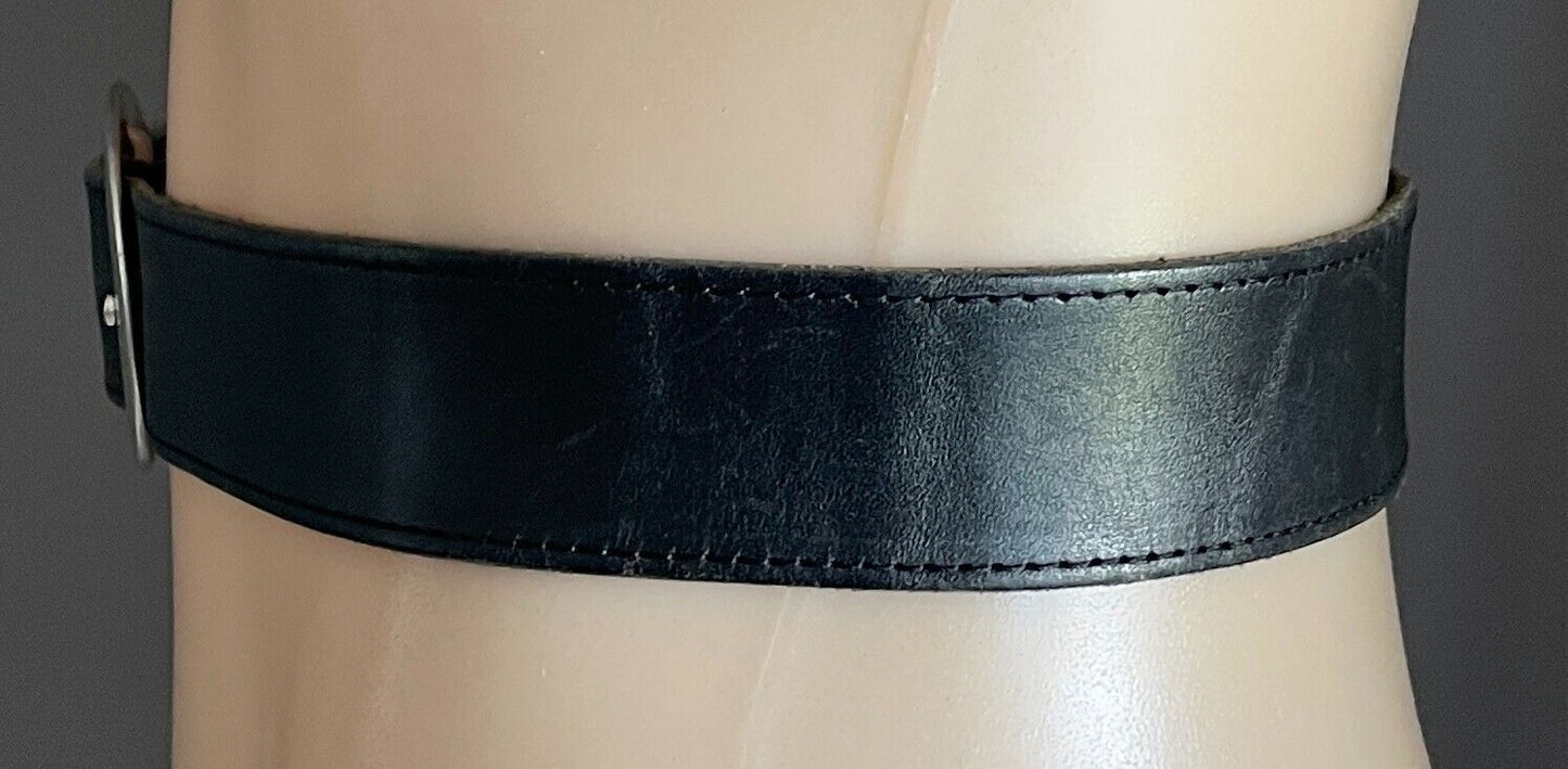 Black LEATHER Belt Large Oval Silver Tone Buckle To Fit Ladies Waist 79 - 92cm