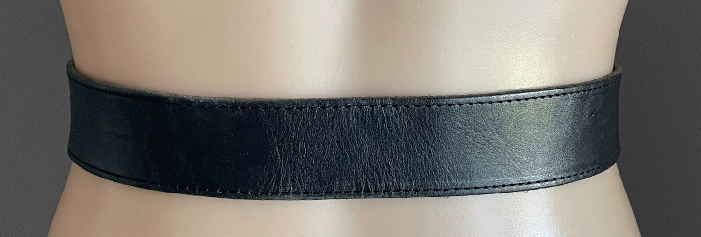 Black LEATHER Belt Large Oval Silver Tone Buckle To Fit Ladies Waist 79 - 92cm