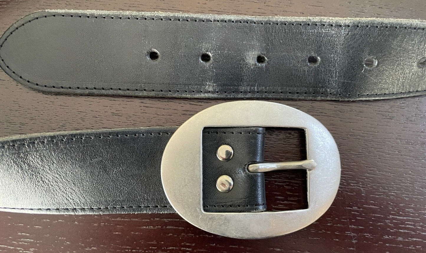 Black LEATHER Belt Large Oval Silver Tone Buckle To Fit Ladies Waist 79 - 92cm