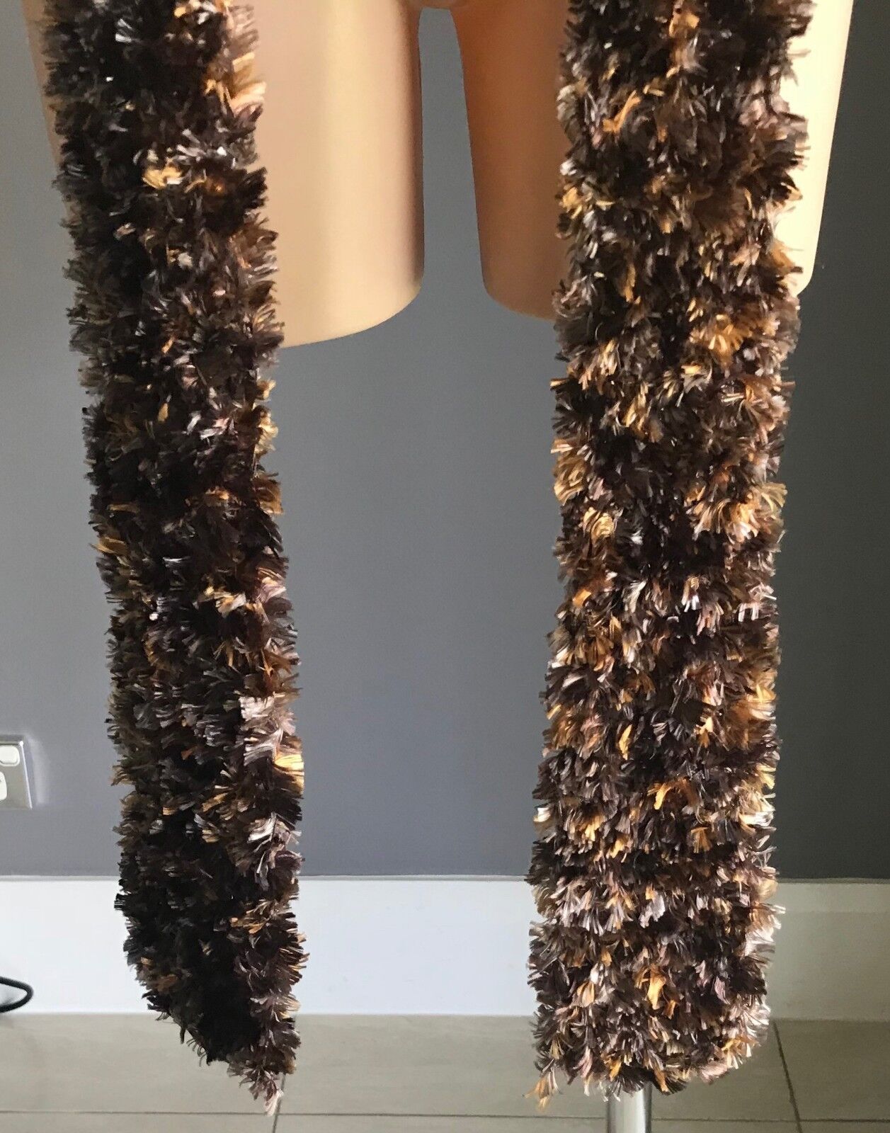 Handmade Eyelash 248cm Long SCARF Shades of Brown "Fluffy" Faux Fur 14cm Knit
