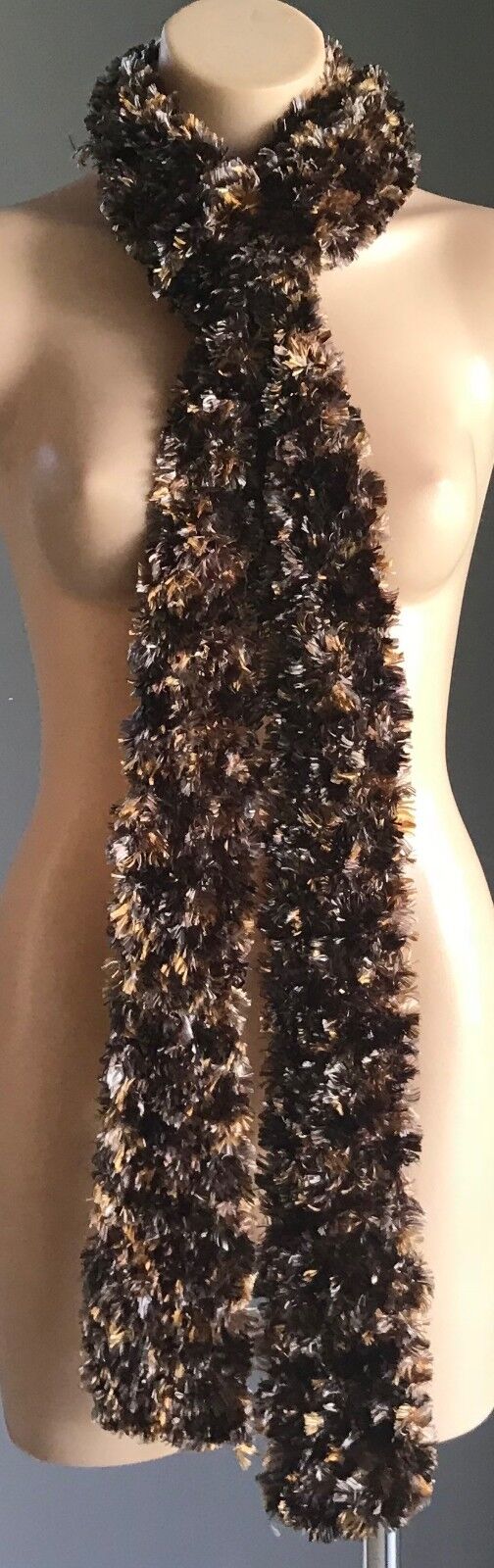 Handmade Eyelash 248cm Long SCARF Shades of Brown "Fluffy" Faux Fur 14cm Knit