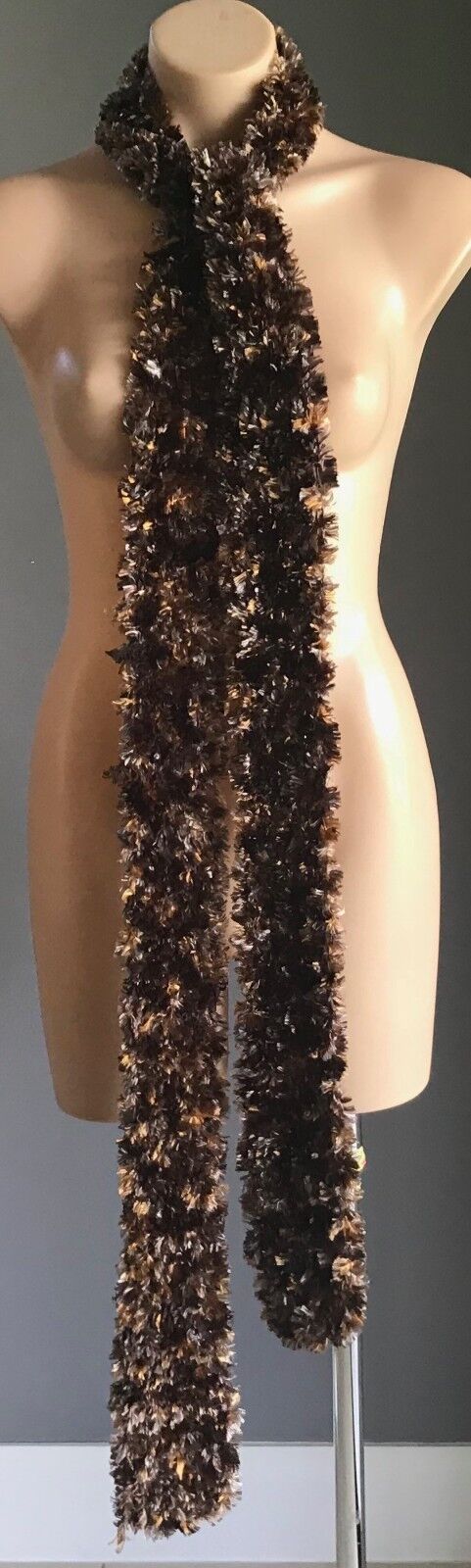 Handmade Eyelash 248cm Long SCARF Shades of Brown "Fluffy" Faux Fur 14cm Knit