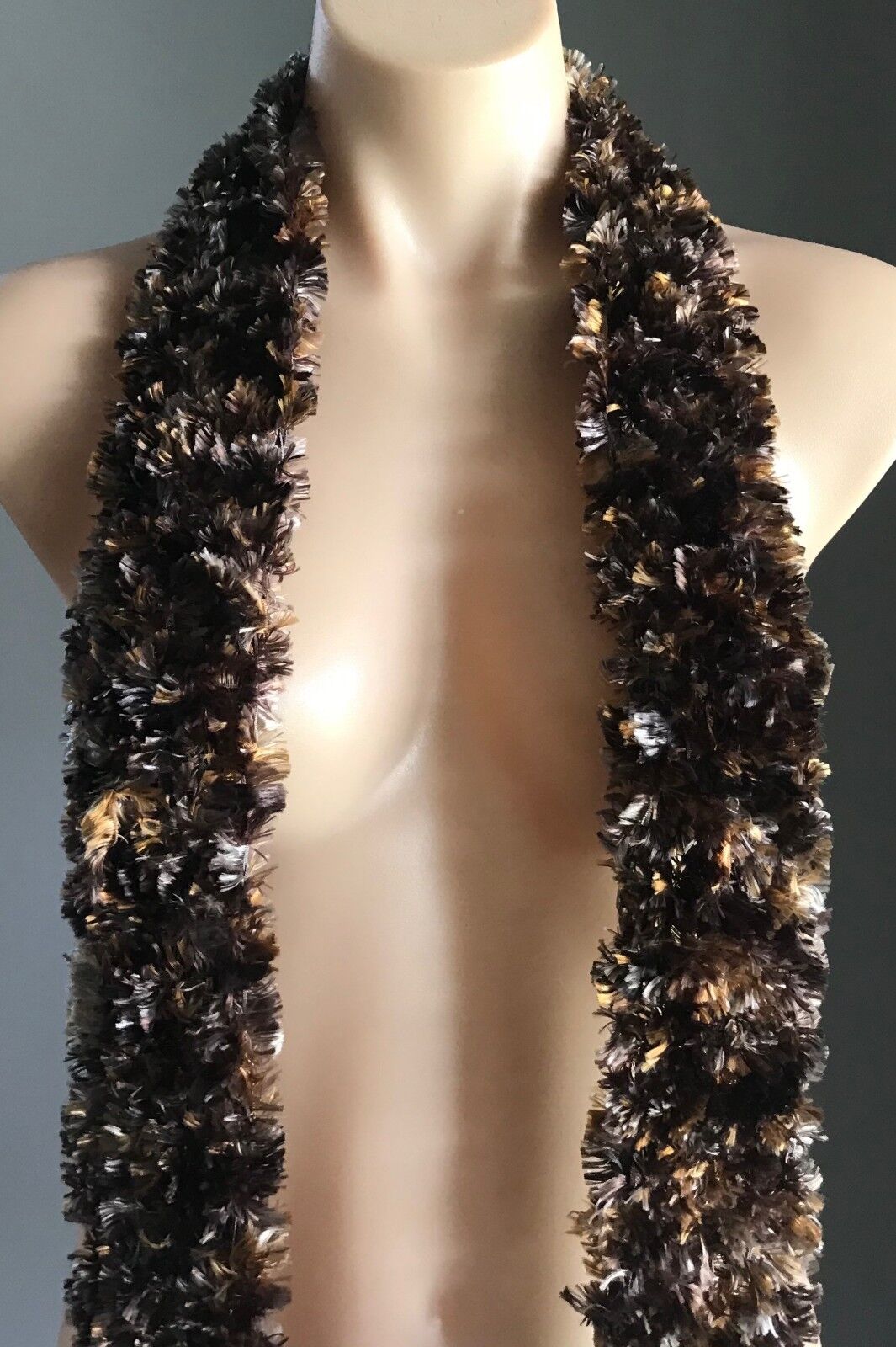 Handmade Eyelash 248cm Long SCARF Shades of Brown "Fluffy" Faux Fur 14cm Knit