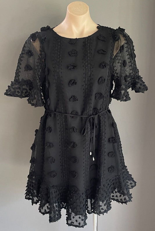 INDIKAH Dress Mini Black Floral 3D Short Sleeve Flounce Hem Size 12 Tie at Waist