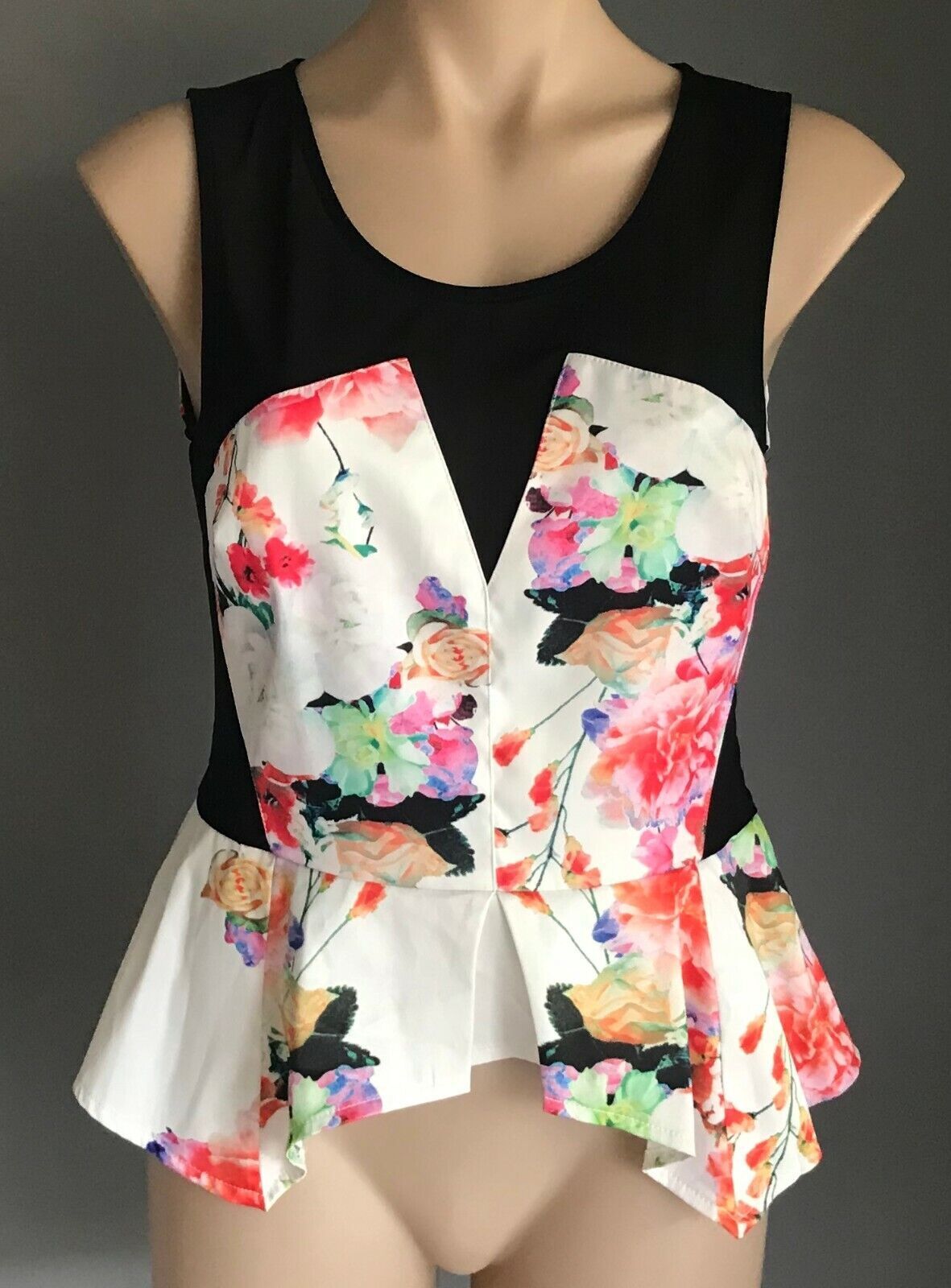VALLEYGIRL Top Black Mesh Net & Floral Print Sleeveless Peplum Waist  Size 12