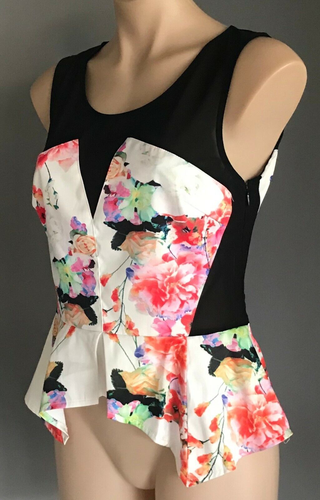VALLEYGIRL Top Black Mesh Net & Floral Print Sleeveless Peplum Waist  Size 12