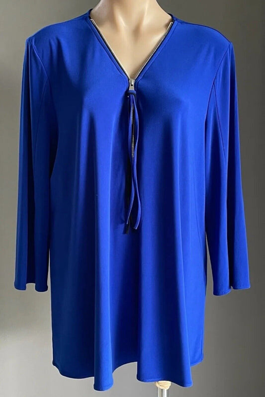 JOSEPH RIBKOFF Tunic Blouse Royal Blue 3/4 Sleeve Zip Front Ladies Top Sz 18 NEW