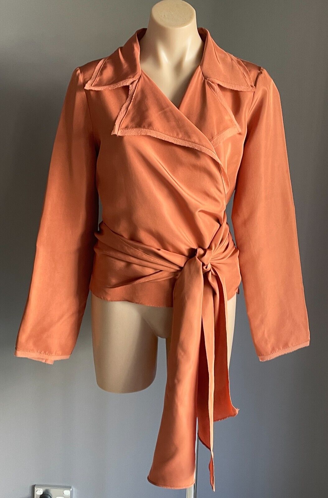 CARLA ZAMPATTI Wrap Blouse Warm Rust 100% Silk Shirt Size 12 Long Sleeve Collar