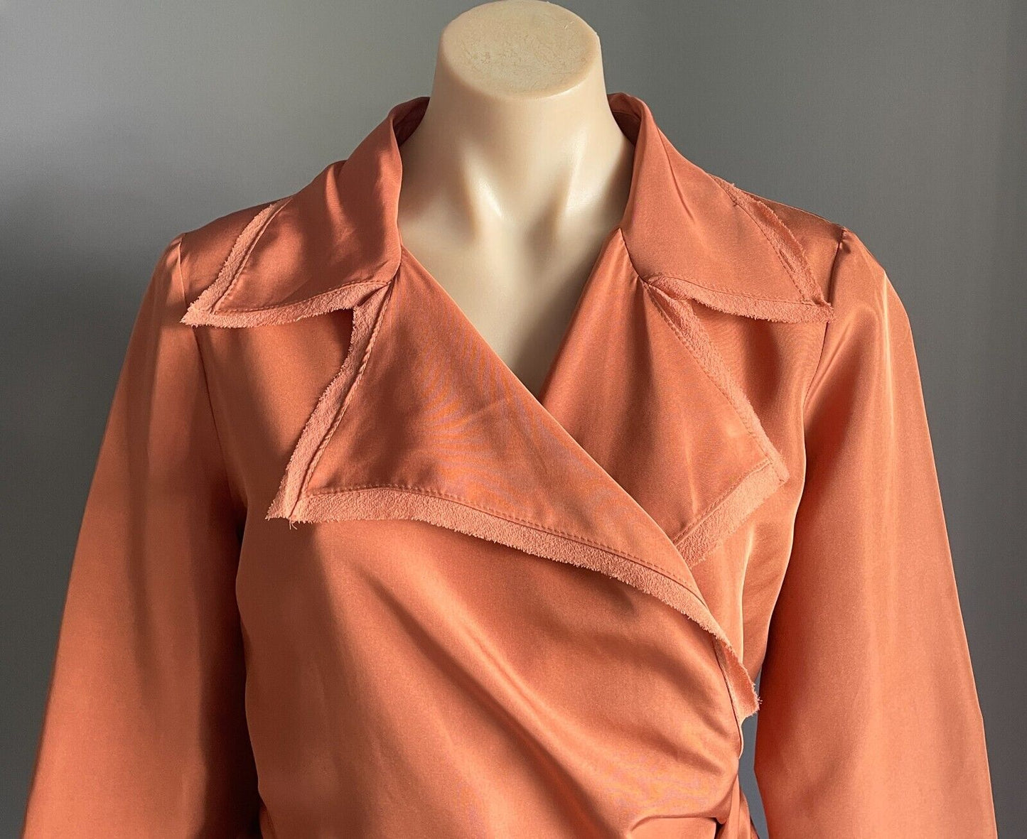 CARLA ZAMPATTI Wrap Blouse Warm Rust 100% Silk Shirt Size 12 Long Sleeve Collar