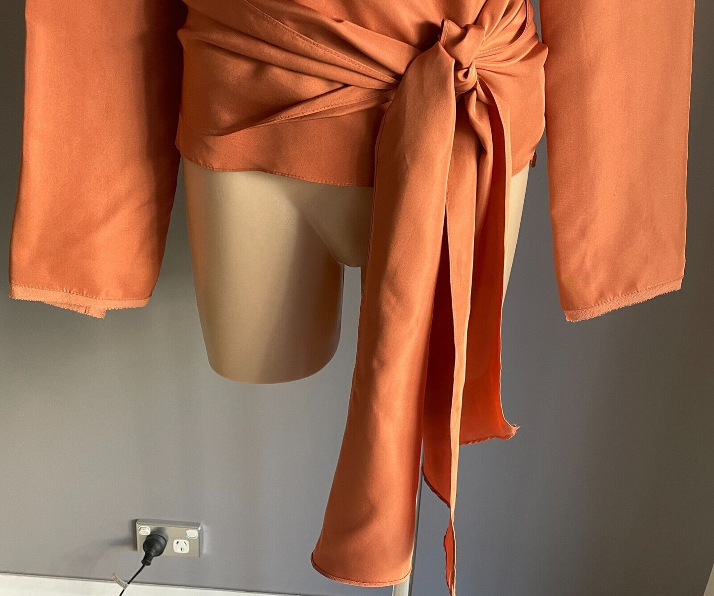 CARLA ZAMPATTI Wrap Blouse Warm Rust 100% Silk Shirt Size 12 Long Sleeve Collar