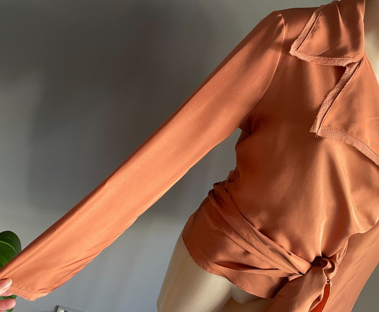 CARLA ZAMPATTI Wrap Blouse Warm Rust 100% Silk Shirt Size 12 Long Sleeve Collar